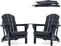 Folding Adirondack Chair, HDPE Outdoor Texture Lawn Chair with Reclining Back, Cup and Phone Holder - Comfortable Firepit Chair Weather Resistant for Patio or Backyard (Dark Black, Set of 2)