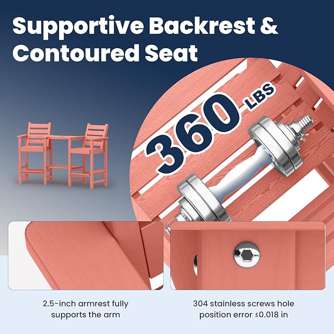 Tall Adirondack Chairs Set of 2, All Weather HDPE Poly Bar Height Balcony Adirondack Chair with Removable Double Connecting Trays, Outdoor Adirondack Barstools for Deck, Patio, Yard, Pool, Lawn