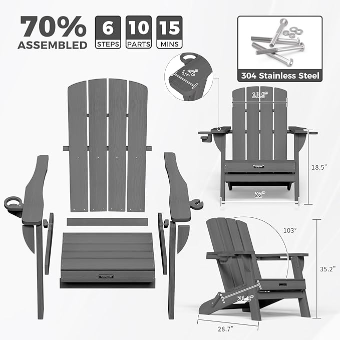 Folding Adirondack Chair Wood Texture 6 Pack, HDPE All-Weather Fire Pit Chairs, Plastic Adirondack Chairs with 2 Cup Holder, Outdoor Lawn Chair for Patio Garden (Grey)
