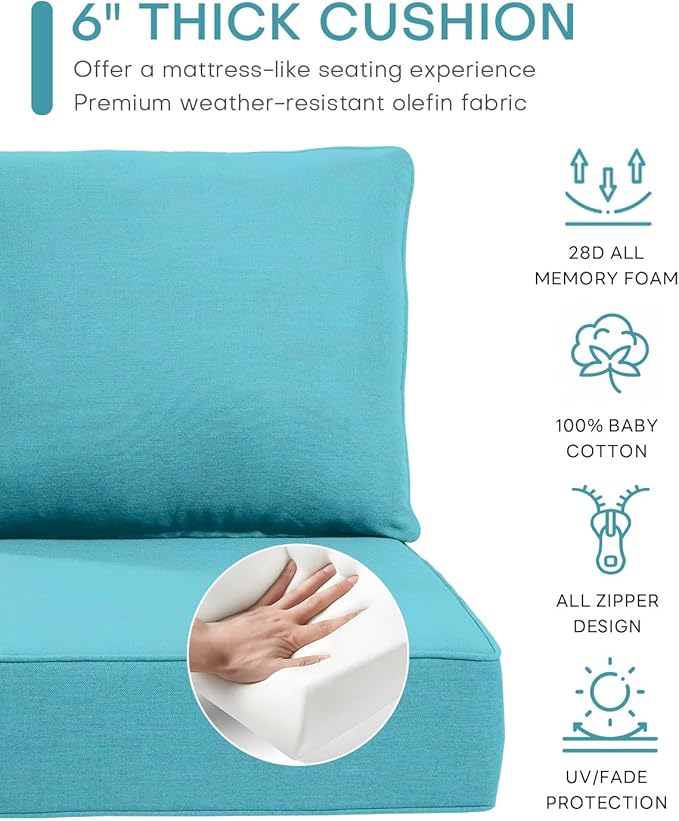 Luxury 24x24x6 Inch Outdoor Chair Cushions Set of 4 - Heavy Duty Water-Resistant Comfortable Cushion for Patio Furniture Set Dining Rocking Chairs Loveseat L-Shape Sofa - Turquoise