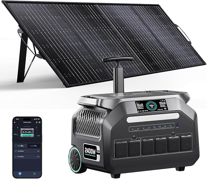 IEE P2400 Portable Power Station with 1x400W Solar Panel,2400W AC Outlet(Peak 5000W) 2048WH Lifepo4 Battery,1800W 1.2H Fast Charge,5-8MS EPS Switch,Below 30DB Solar Power Generator for Home Backup,RV.