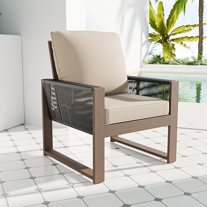 COOS BAY Natural Cedar Wood Patio Chair with Cushions, Durable Outdoor Furniture, Patio Dining Armchair for Deck, Porch, or Garden, 1 Piece, Brownish/Beige