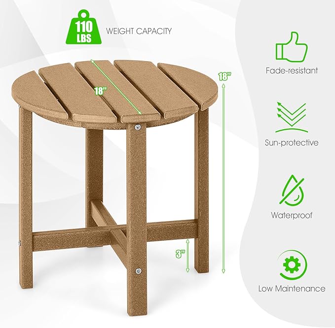 Tangkula Round Outdoor Side Table, 18 Inch Weather Resistant HDPE Adirondack Table, Outdoor Indoor Chairside End Tables, Patio Side Table for Lawn Garden Balcony Backyard, Easy Assembly (2, Brown)