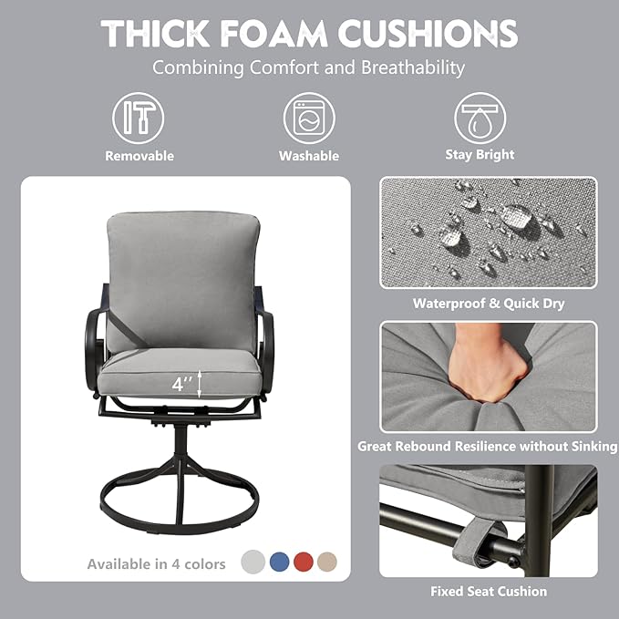 MELLCOM Patio Swivel Chair Set of 8, Heavy Duty Outdoor Dining Chairs with Thickened Cushions, Metal Patio Chairs Gentle Rocker for Outside, Garden Lawn & Porch, Backyard, Grey
