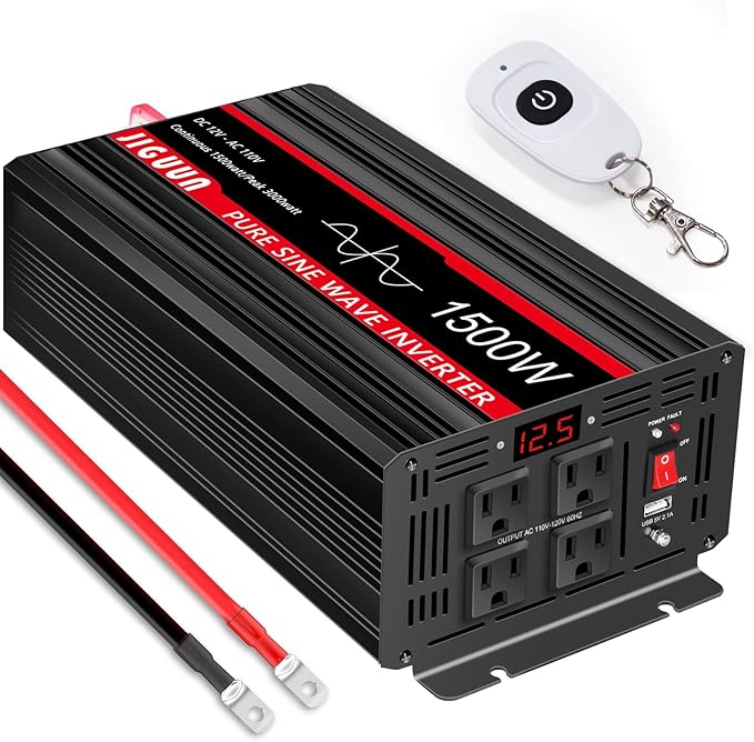 JIGUUN 1500 Watt Pure Sine Wave Inverter DC 12V to AC 120V Converter, Remote Control Power Car Inverter with LED 4 AC Outlets USB Output for Outdoor Camping RV.