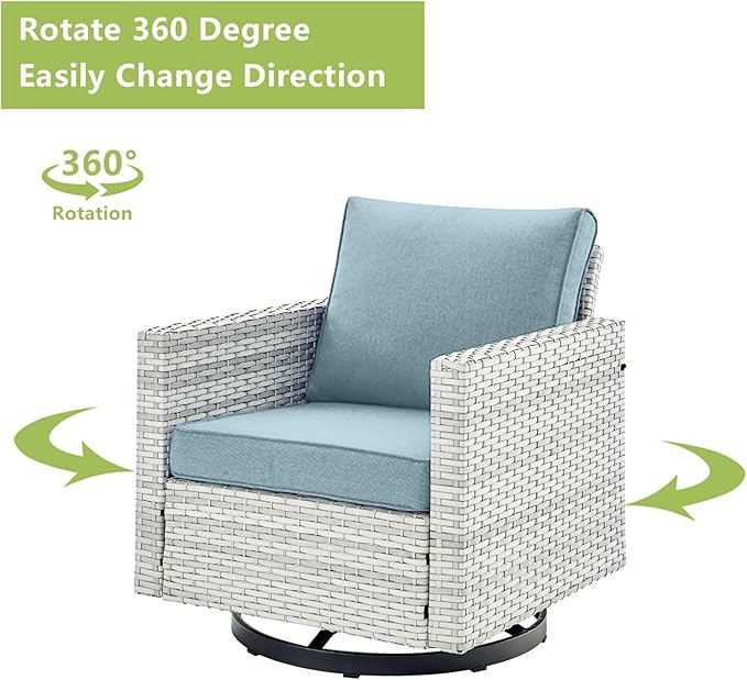 Wicker Outdoor Patio Furniture Set - 8 Piece Patio Conversation Set with 4 Swivel Rocker Chairs,2 Rattan Ottoman,1 Couch and 1 Metal Coffee Table for Outside Porch Deck Backyard(Light Grey/Sky Blue)