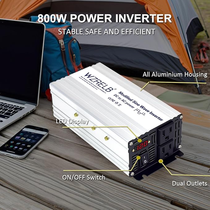 WZRELB 800W Power Inverter 12V DC to 110V 120V AC,1600W Peak Modified Sine Wave Car Inverter with LED Display,Dual AC Outlets,Soft Starter,Off-Grid Power Converter with High Efficiency up to 90%