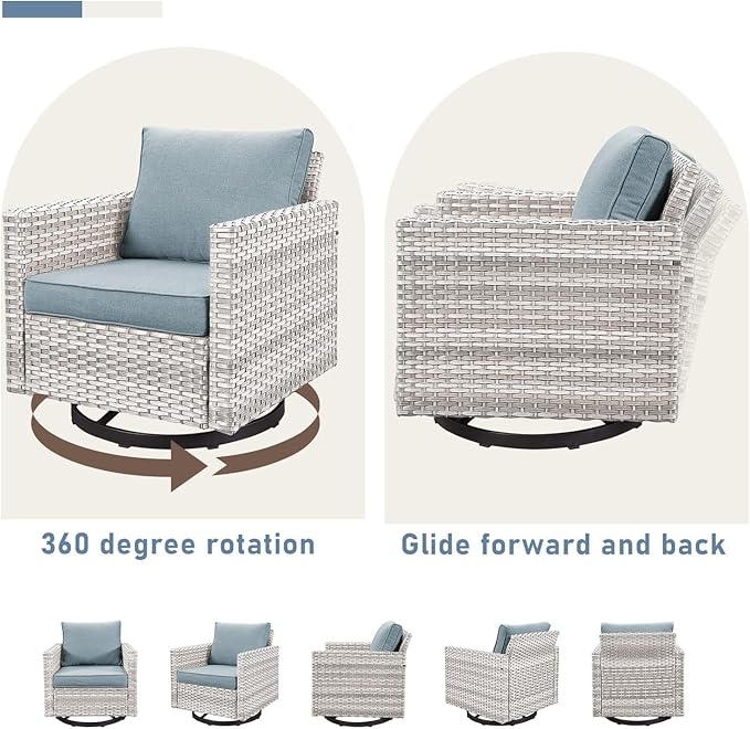 Wicker Outdoor Swivel Chairs Set of 4 with Fire Pit Table, 5 Pieces Patio Furniture Set with Fire Pit Table for Yard, Deck, Garden, Light Beige/Light Blue