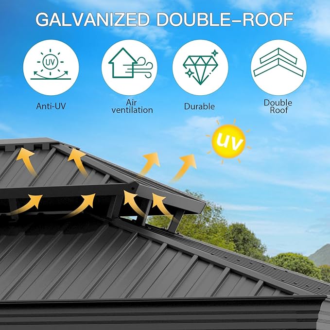 Outdoor Hardtop Gazebos 10 x 12 ft Permanent with High Strength Aluminum Frame, Double-Roof, Pavilion with Curtain and Netting for Patio, Lawn, Deck, Garden (Darkgrey, 10x12 ft)