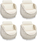 Patio Accent Chairs Set of 4: Aluminum Porch Lounge Chair with Arms - Woven Rope Cushioned Armchair - Modern One Seater Sofa - Outdoor Deck Furniture for 400lbs Balcony Yard Garden Hotel, Beige