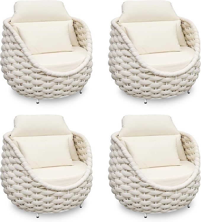 Patio Accent Chairs Set of 4: Aluminum Porch Lounge Chair with Arms - Woven Rope Cushioned Armchair - Modern One Seater Sofa - Outdoor Deck Furniture for 400lbs Balcony Yard Garden Hotel, Beige