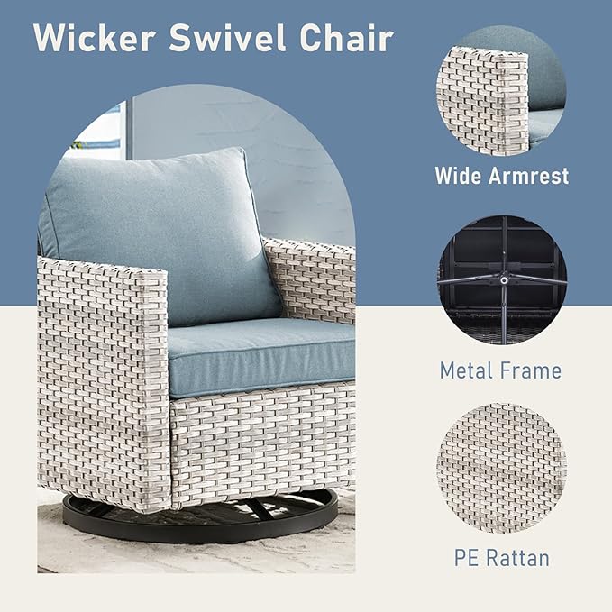 Outdoor Swivel Rocker Chairs, Patio Swivel Chair Set, Wicker Swivel Patio Chairs Set of 2 with One Side Table, Light Grey/Light Blue