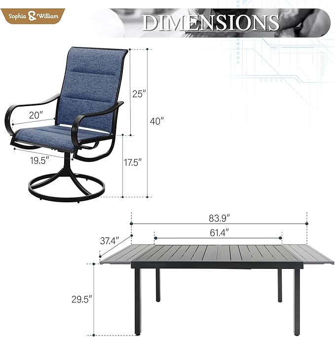 Sophia & William Outdoor Patio Dining Set 9 Pieces, 8 x Textilene Swivel Patio Chairs with Padded and 1 Extendable Dining Table for 6-8, Outdoor Table and Chair Set for Lawn Garden (Blue)