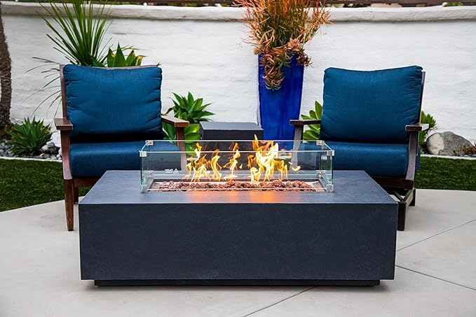 AMS Creations | Chelsea 55 inches Rectangular Propane Gas Outdoor Fire Pit Table | Concrete GFRC Fire Pit Table | with SS Burner, Tank Cover, Canvas Cover, SS Lid, Lava Rock, and Wind Guard Included