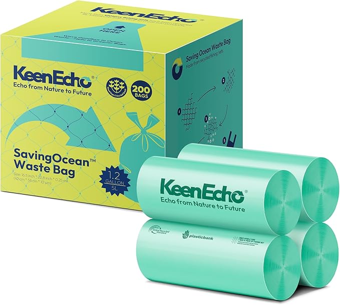 1.2 Gallon 200 Counts Small Green Trash Bags with Handle, Ocean Fishing Nets Upcycling, Sage & Sea Salt Scented, Plastic Garbage Bags, Waste Bag for Kitchen, Bathroom, Office and Pets
