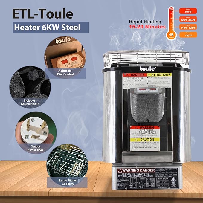 Outdoor Sauna 6-8 Person, Canadian Pinewood Barrel Sauna with Porch, ETL 6KW Toule Heater, Waterproof System, Asphalt Shingles, Rubber Base(0-195℉)