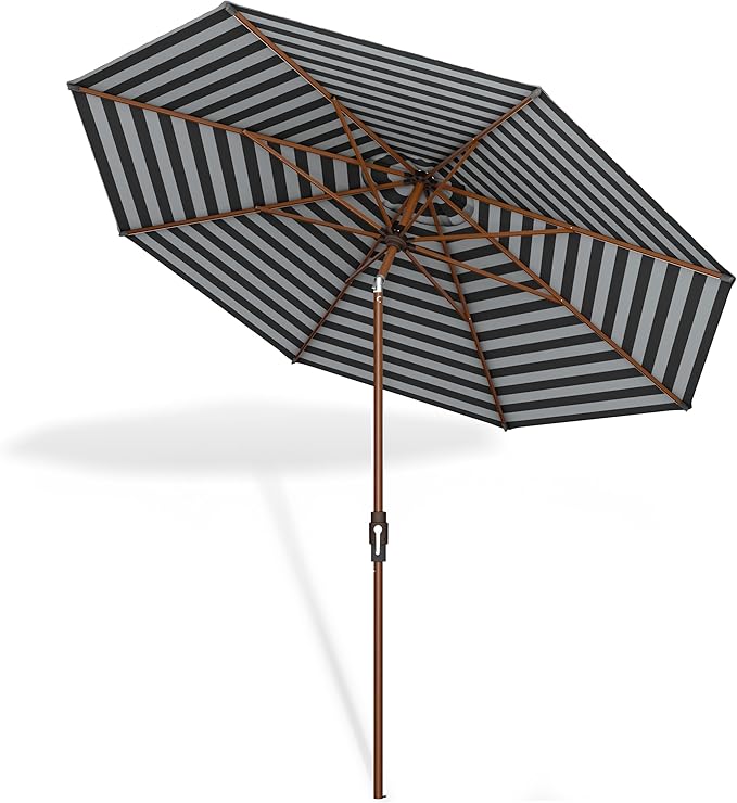 Midtown Umbrellas Sunbrella Umbrella Outdoor Patio Umbrella 2-8 Feet in Black & White Acrylic Fabric - Auto-Tilt Aluminum Frame For Backyard Umbrella, Deck Umbrella & Porch Umbrella - Wooden Pole