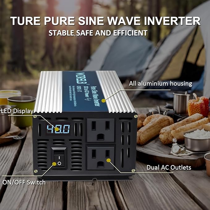 WZRELB 1200W Pure Sine Wave Inverter 12V DC to 110V 120V AC Power Converter with LED Display, Off-Grid Portable Power Inverter with 2 AC Outlets for Home, RV, Truck, Camping