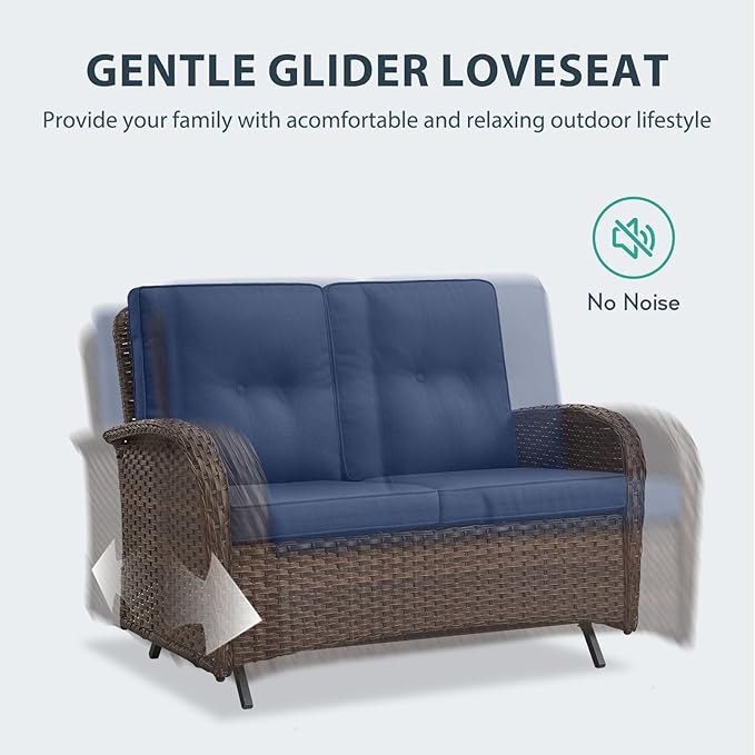 5 Piece Patio Furniture Set - Wicker Patio Conversation Set with Swivel Glider, Glider Loveseat, Tempered Glass Side Table and Coffee Table for Deck Backyard - Brown Wicker Blue Cushion