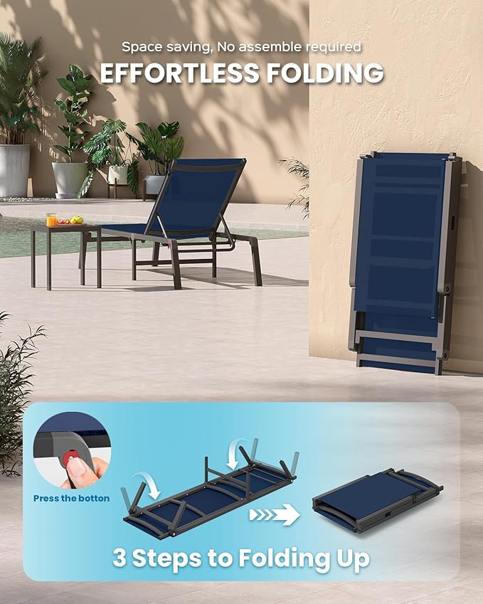 Foldable Pool Lounge Chairs, Aluminum Chaise Lounge Outdoor with 5 Positions Recliner - Free Assembly - Patio Lounge Chair for Poolside, Beach (Navyblue)