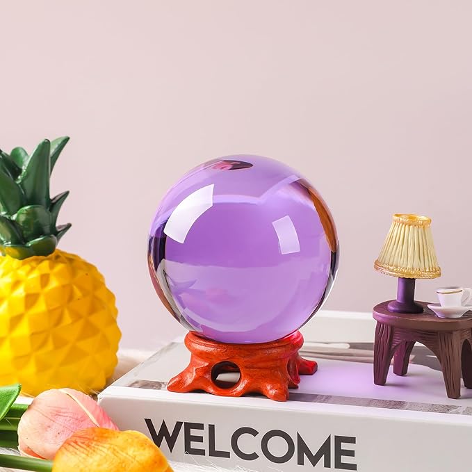 Purple 100mm/3.9 inch Large Crystal Ball with Rose Wooden Stand and Gift Box for lensball Photography,Fortune Teller,Feng Shui, Witchcraft Decor,Scrying,Magic,Quartz Crystal Orb Prop Glass Sphere