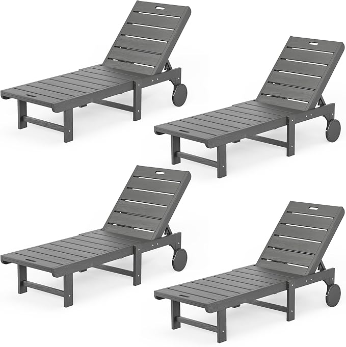 Outdoor Chaise Lounge Chairs Set of 4, 26.8” Super Wide Lounge Chair Outdoor, HDPS Pool Chairs with 5 Positions, Patio Lounge Chair with Wheels for Pool,Lawn,Backyard, Dark Gray