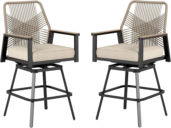 HERA'S HOUSE Outdoor Swivel Bar Stools Set of 2, High Top Patio Chairs with All Weather Cushion Pro Fabric, Bistro Set for Backyard, Lawn Garden, Balcony,Poolside