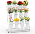Flower Display Stand with Buckets, 3-Layers 12 PCS Buckets Plant Stand with Wheels, Movable Metal Plant Stand for Terrace Garden, Living Room, Florist Shop (White Frame - White Buckets, 3-Tier)