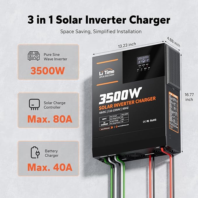 LiTime 3500W Pure Sine Wave Solar Inverter Charger, 48V DC to 120V AC All-in-One Solar Inverter, Built in 80A MPPT Charge Controller, for 48V Lead Acid/LiFePO4 Battery, Home Energy Storage, Off-Grid