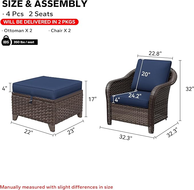 4 Pieces Patio Outdoor Conversation Furniture Set with Cushions, All-Weather Wicker Ottomans, PE Rattan 2 Chairs for Backyard, Deck, Lawn (Navy Blue)