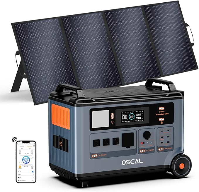 OSCAL 120V/240V 6000W Solar Generator with 1x200W Solar Panel,Promax6000 Dual Voltage 3600WH Lifepo4 Battery Portable Power Station with 14 Outlets,2200W 1.96H Fast Charge,for Home Backup
