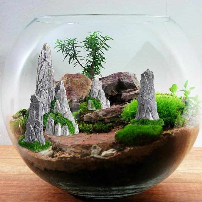 8pcs Miniature Bonsai Rockery Decor, Resin Fake Mountain Figurines, Garden Terrarium Accessories for Desktop and Micro Landscape