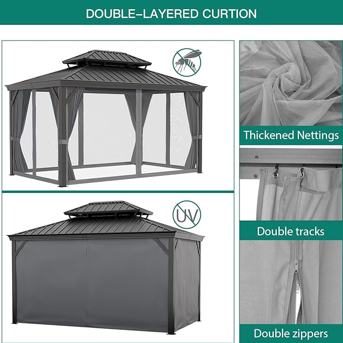 Outdoor Hardtop Gazebos 10 x 12 ft Permanent with High Strength Aluminum Frame, Double-Roof, Pavilion with Curtain and Netting for Patio, Lawn, Deck, Garden (Darkgrey, 10x12 ft)