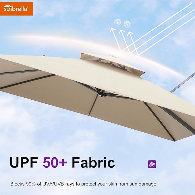 PURPLE LEAF Cantilever Umbrella with Base Included 10 Feet Outdoor Double Top Large Offset Hanging 360° Rotation Square Umbrella for Garden Patio Deck Pool Backyard Spectrum Sand