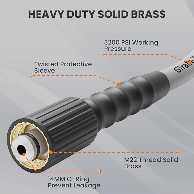 Giraffe Tools Pressure Washer Hose 50FT 1/4", 3200 PSI Power Washer Hose for Replacement, Kink Resistant High Pressure Washing Hose Extension with M22-14mm Fittings, 2 Quick Connectors
