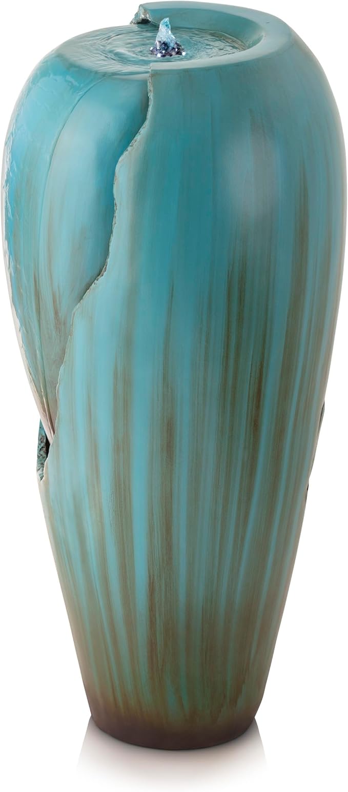 Alpine Corporation DIG100XS | 33"H Outdoor Antique Jar Water Fountain — Cascading LED Light Design for Patio, Deck & Yard — Turquoise Finish