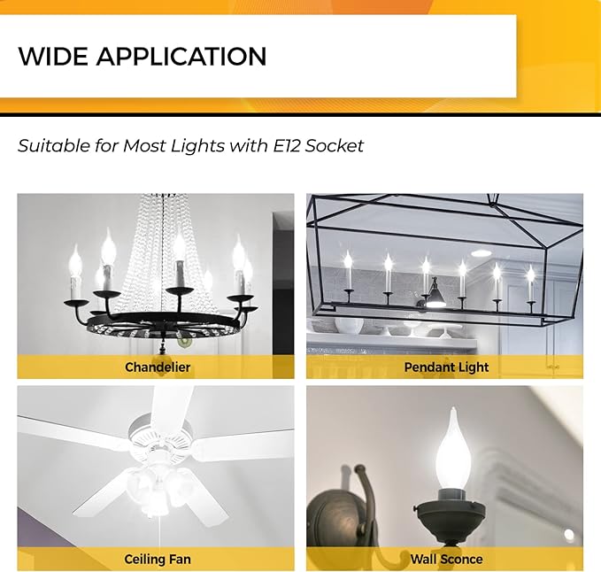 Hizashi Candelabra LED Light Bulbs, E12 LED Bulb 40W Dimmable, 90+ CRI 4W 450LM 5000K Daylight White, CA10 Chandelier Light Bulbs, Flame Tip Candle Light Bulbs, UL Listed - 12 Pack