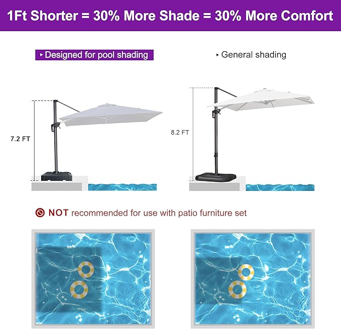 PURPLE LEAF 8' X 8' Patio Umbrella with Base for Pool 7' High Offset Outdoor Cantilever Umbrella Swimming Pool Umbrella with 360°Rotation for Poolside Navy Blue