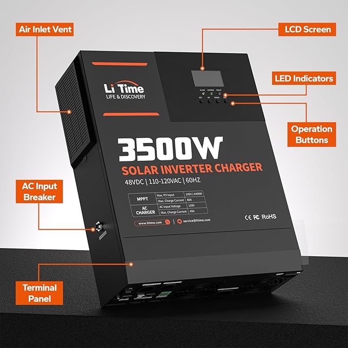 LiTime 3500W Pure Sine Wave Solar Inverter Charger, 48V DC to 120V AC All-in-One Solar Inverter, Built in 80A MPPT Charge Controller, for 48V Lead Acid/LiFePO4 Battery, Home Energy Storage, Off-Grid
