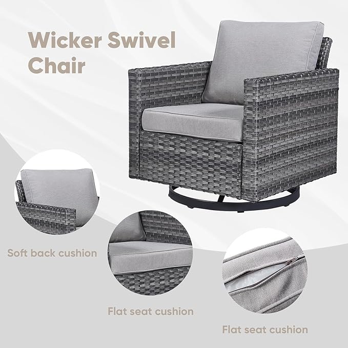 Wicker Furniture Set: 7 Piece Outdoor Furniture Set with 2 Swivel Chairs, 2 Club Chairs, Coffee Table and 2 Ottomans - Grey/Grey