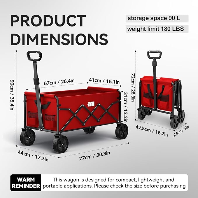 Collapsible Foldable Wagon, Foldig Cart with Wheel Heavy Duty with 180lbs Weight Capacity Lightweight Utility Camping Wagon for Groceries Garden Beach Sports Fishing (Coral Red)