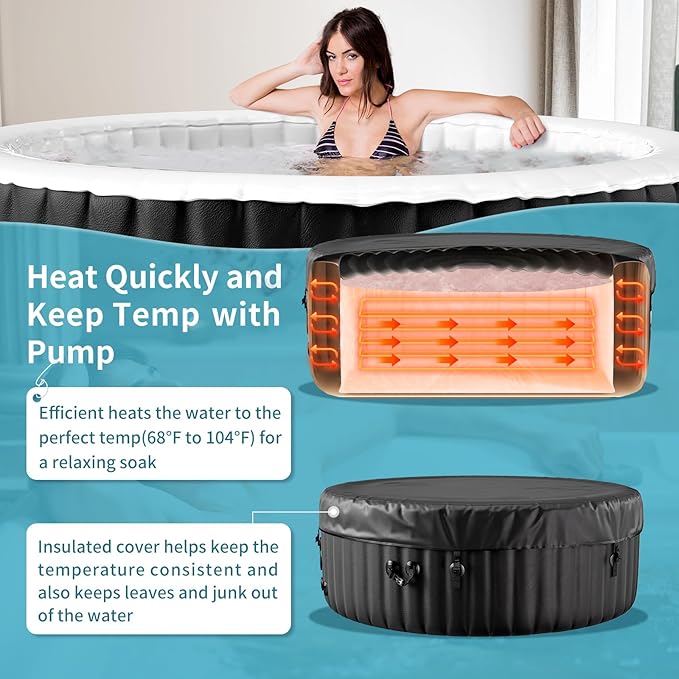 4-6 Person Inflatable Hot Tub, 264Gal Round Portable Blow up Hot Tub, Leak-Proof PVC Outdoor Spa with 130 Air Jets, Heater Pump and Insulated Cover, 82” X 82” X 25
