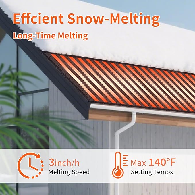 Snow Melting Mats for Roof Valley Walkways, Anti-Slip 120V Outdoor Heated Ice Removal, Roof Deicing System Black 19 in x 11.5 ft