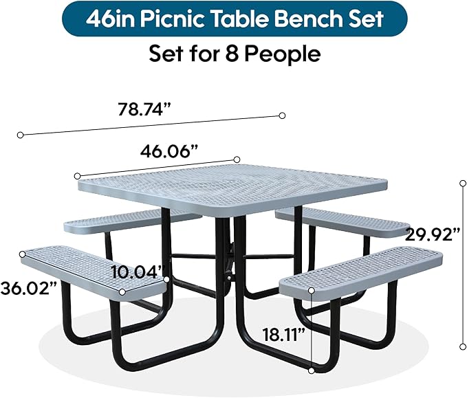 46Inch Square Picnic Table for 8 Person, Outdoor Heavy Duty Sturdy Picnic Tables with 4 Benches & Umbrella Hole, Commercial Metal Patio Picnic Table for Garden, BBQ, Coffee Store, Party, Porch (Grey)