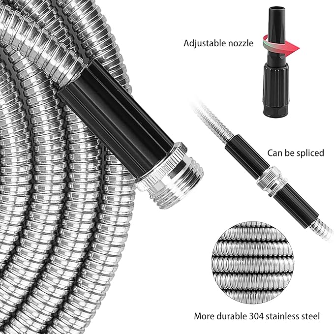 50ft Metal Garden Hose Stainless Steel Heavy Duty Water Hose With 2 Nozzles, No Tangle and Kink, Lightweight & Flexible, Tough and Pet Proof, Metal Garden Hose for Yard, RV, Garden, Outdoor
