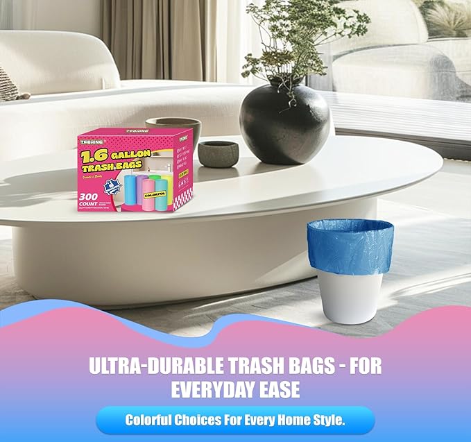 300 Count 1.6 Gallon Mini Trash Bags - 6 Liter Colored Small Garbage Bags Unscented Mini Can Liners Leakproof & Tear Resistant for Bathroom Office Dorm Car