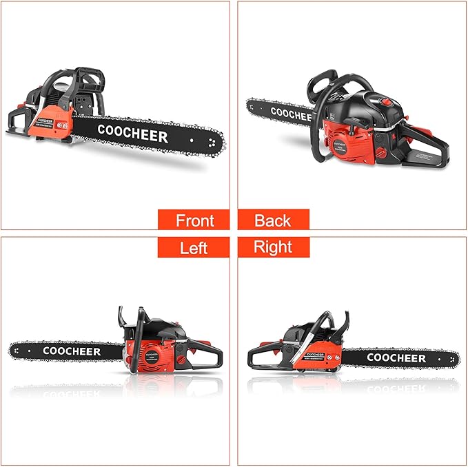 COOCHEER 62CC Gas Chainsaw 20 Inch Gasoline Powered Chain Saws 12000r/min 3.5 HP 2-Cycle Power Chain Saw Cordless Gas Powered Chainsaw with 2 Chains for Tree Branches Wood Cutting
