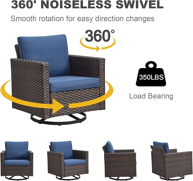 Luxury Outdoor Swivel Rocker Patio Chairs Set of 2, Swivel Patio Chairs for Porch, Yard, Deck, Poolside, Brown/Blue