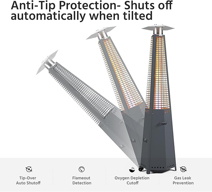 LAUSAINT HOME Hexagon Pyramid Patio Heater, 48,000 BTU Outdoor Patio Heater All Stainless Steel, Upgraded Quartz Glass Tube Propane Heater for Backyard Commercial, Tip-Over Protection, Cover & Wheels