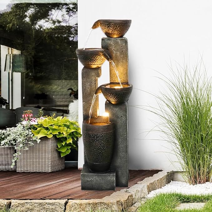 Outdoor Garden Water Fountain-Indoor Polyresin Waterfall Floor-Standing Fountains with LED Lights for Garden, Patio, Deck, Porch, Yard Art Decor (40inch)